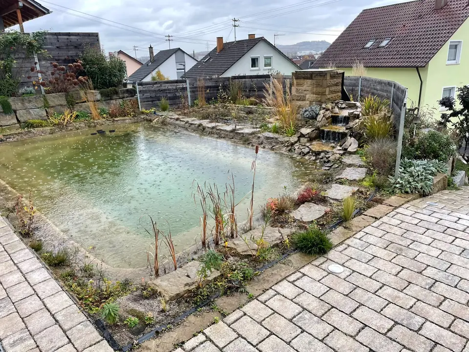 Naturteich mit Natursteinrand und Bepflanzung